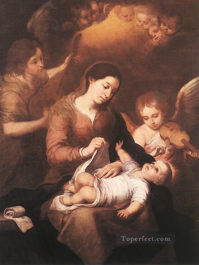 音楽を奏でる天使とマリアと子供 スペイン・バロック様式 バルトロメ・エステバン・ムリーリョ油絵